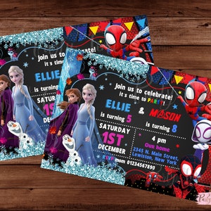 May include: Invitation to a joint birthday party for Ellie turning 5 and Mason turning 8. The invitation features images of Elsa and Anna from Frozen and Spider-Man and Spider-Gwen. The invitation is on a black chalkboard background with glitter accents. The text reads "Join us to celebrate! It's time to party! Ellie is turning 5. Saturday 1st December. Mason is turning 8. 4 pm. Our home 2345 N. Main Street, Lewiston, New York. RSVP mom 01234567890."