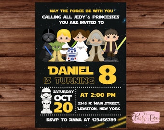 May include: A Star Wars themed birthday invitation for an 8-year-old boy named Daniel. The invitation features cartoon characters from the Star Wars movies, including Darth Vader, Yoda, Princess Leia, Luke Skywalker, and Han Solo. The invitation is black with yellow text and graphics. The text reads "May the Force be with you* Calling all Jedi & Princesses You are invited to Daniel is turning 8 Saturday Oct 20 AT 2:00 PM 2345 N. Main Street, Lewiston, New York RSVP to Anna at 123456789".