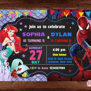 Little Mermaid and Spiderman Invitation - Superhero and Princess Invitation - Double kids party - Brother Sister invitation. DIGITAL FILE.
