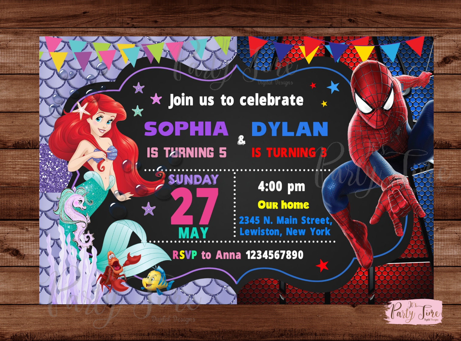 Little Mermaid and Spiderman Invitation - Superhero and Princess Invitation - Double kids party - Brother Sister invitation. DIGITAL FILE.