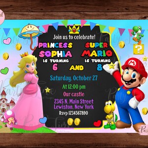 Mario und Pfirsich Geburtstagseinladung - Mario Bros und Pfirsich Geburtstagseinladung - Doppelte Kinderparty - Bruder Schwester Einladung. DIGITALE DATEI