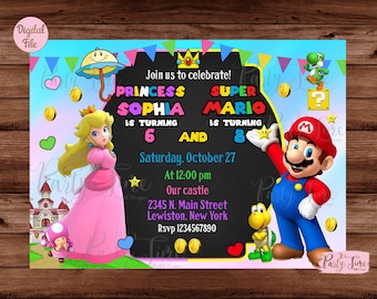 Mario and Peach Birthday Invitation - Mario Bros and Peach Birthday Invitation - Double kids party - Brother Sister invitation. DIGITAL FILE