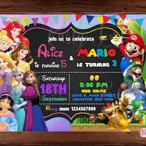 Prinzessin und Mario Bros Einladung - Mario Bros und Prinzessinnen Einladung - Doppel Kinder Party - Bruder Schwester Einladung. DIGITALE DATEI.