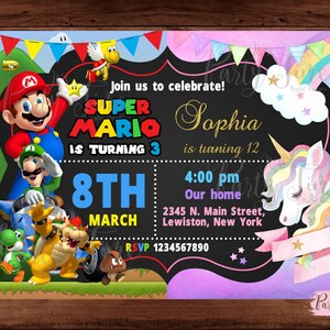 Invitación de Mario Bros y Unicornio - Invitación de Unicornio y Mario Bros - Fiesta infantil doble - Invitación de Hermano Hermana. ARCHIVO DIGITAL.