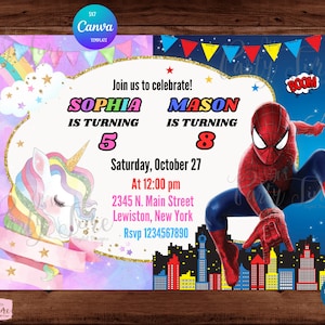 Convite de unicórnio e homem-aranha - Convite de unicórnio e super-herói - Convite de aniversário de gêmeos - Canva editável. DOWNLOAD INSTANTÂNEO