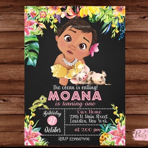 May include: A Moana-themed birthday invitation with a black background and floral accents. The invitation features a cartoon illustration of Moana, a pig, and a turtle. The text reads "The ocean is calling! MOANA is turning one."