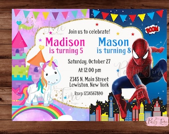 Unicorn and Spiderman - Unicorn and Superhero Invitation - Twins Birthday Invitation - Double kids party - DIGITAL FILE