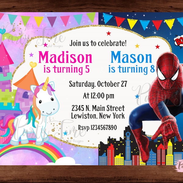 Unicorn and Spiderman - Unicorn and Superhero Invitation - Invitation d’anniversaire de jumeaux - Double fête d’enfants - FICHIER NUMÉRIQUE