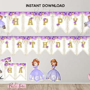 May include: Printable banner with gold glitter letters spelling "Happy Birthday!" with purple flowers and a princess character on each end.  The banner is designed for a birthday party.