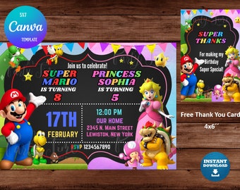 Mario and Peach Birthday Invitation - Mario Bros and Peach Birthday Invitation - Digital file. Editable Canva. INSTANT DOWNLOAD