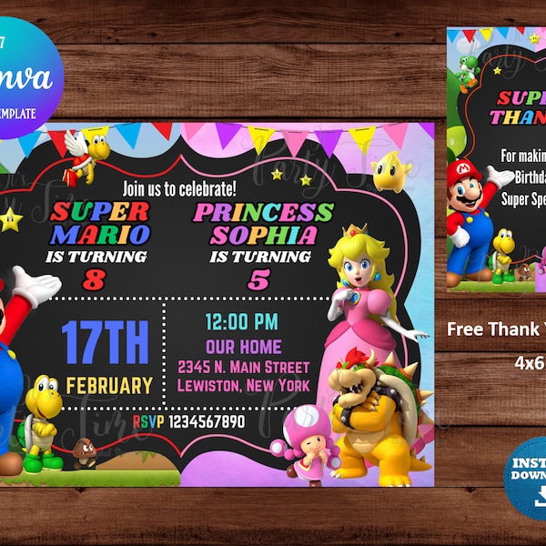 Mario and Peach Birthday Invitation - Mario Bros and Peach Birthday Invitation - Digital file. Editable Canva. INSTANT DOWNLOAD