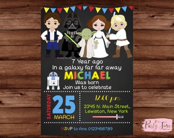 May include: A Star Wars-themed birthday invitation with cartoon illustrations of characters like Darth Vader, Yoda, and Luke Skywalker. The invitation includes the text "7 Year ago In a galaxy far far away MICHAEL Was born Join us to celebrate".
