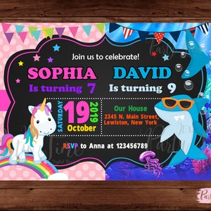 Unicorno e Shark Invitation - Twins Birthday Invitation - Invito per ragazzi e ragazze - DIGITAL FILE