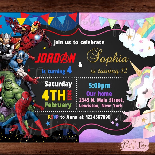 Unicorn and Superhero Invitation - Unicorn Invitation - Superhero Invitation - Twins Birthday Invitation - Double kids party - DIGITAL FILE