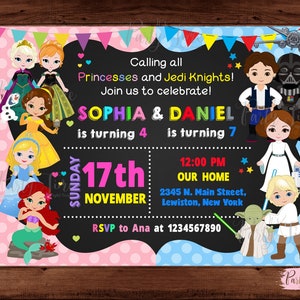 Prinzessin und Star Wars Einladung - Star Wars und Prinzessinnen Einladung - Doppelte Kinderparty - Bruder Schwester Einladung. DIGITALE DATEI.