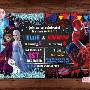Frozen and Spiderman Invitation - Superhero and Princess Invitation - Twins Birthday Invitation - Double kids party - DIGITAL FILE