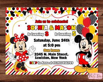 May include: A red and yellow birthday invitation with Mickey Mouse and Minnie Mouse characters. The invitation says "Join us to celebrate! Sophia & Mason is turning 3 is turning 5. Saturday, June 24th at 5:00 pm. Our home 2345 N. Main Street, Lewiston, New York. RSVP to Anna at 123123456789."