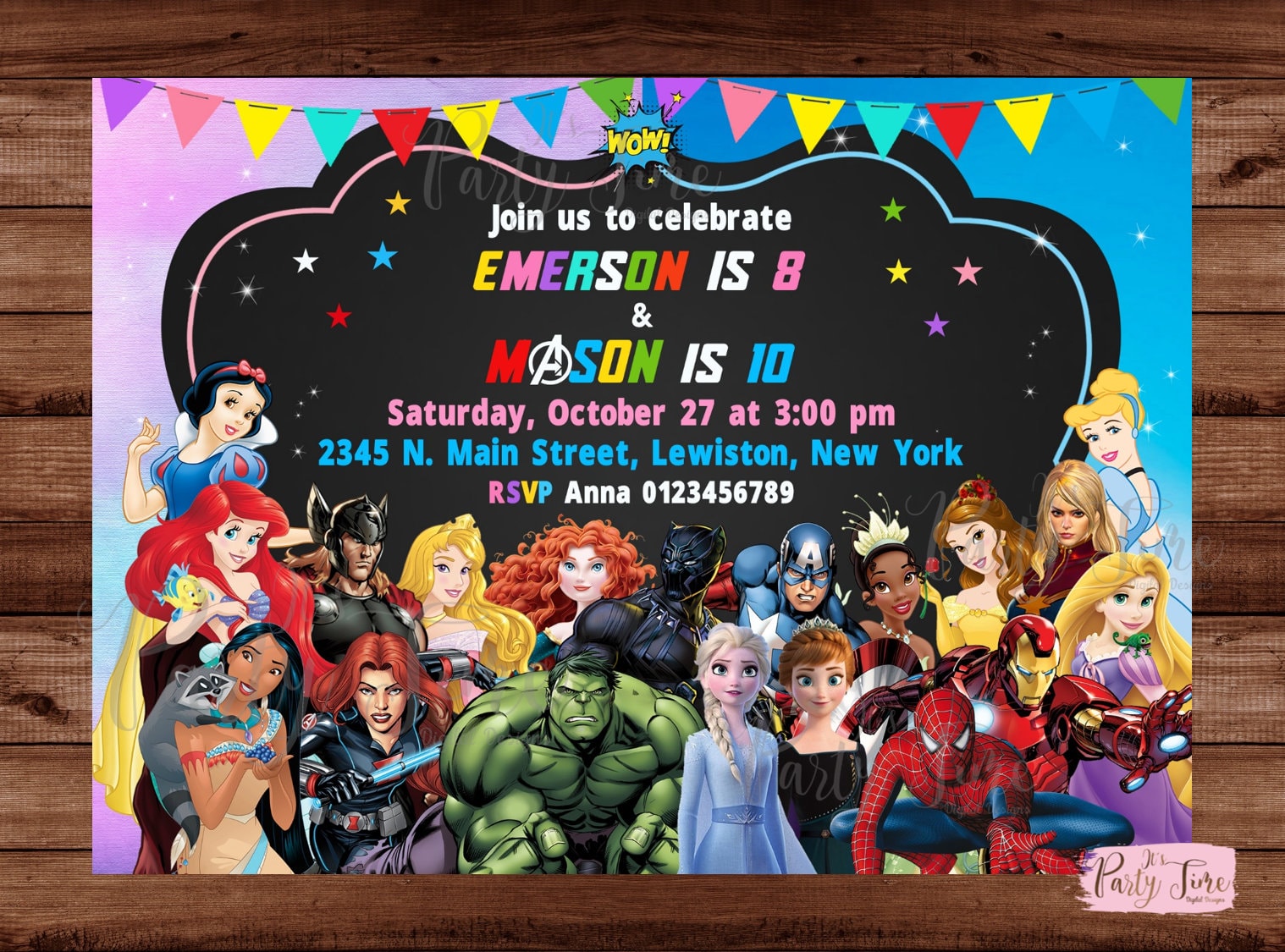 Invitación de superhéroes y princesas - Fiesta doble para niños -  Invitación de hermano hermana. ARCHIVO DIGITAL., image size:1518x1125