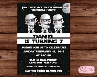 May include: A black and white Star Wars themed birthday party invitation for a boy named Daniel turning 7. The invitation features three cartoon Stormtroopers and the text "JOIN THE FORCE TO CELEBRATE A BIRTHDAY PARTY", "DANIEL IS TURNING 7", "PLEASE JOIN US TO CELEBRATE!", "SUNDAY FEBRUARY 18, 2018", "AT 2:00 PM", "2345 N. MAIN STREET, LEWISTON, NEW YORK", "RSVP TO ANNA AT 123456789", and "MAY THE FORCE BE WITH YOU".