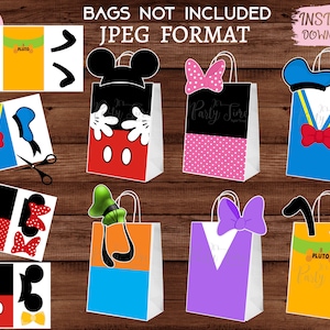 May include: Printable Disney character gift bag toppers featuring Mickey Mouse, Minnie Mouse, Donald Duck, and Pluto. Each topper includes a character head, ears, and a bow or other accessory. The toppers are designed to be printed on standard 8.5 x 11 inch paper and cut out. The text "BAGS NOT INCLUDED" and "JPEG FORMAT" is displayed at the top of the image.