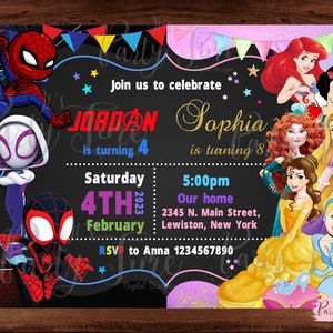 Superhero and Princess Invitation - Princesses and Spiderman invitation - Double kids party - Brother Sister invitation. DIGITAL FILE.
