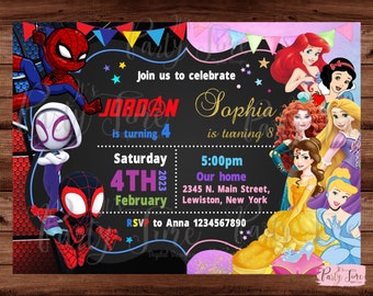 Superhero and Princess Invitation - Princesses and Spiderman invitation - Double kids party - Brother Sister invitation. DIGITAL FILE.