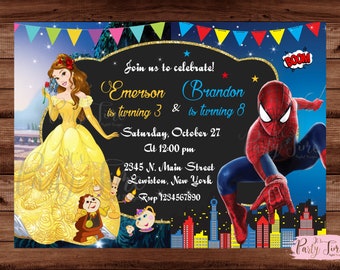 Belle and Spiderman Invitation - Superhero and Princess Invitation - Double kids party - Brother Sister invitation. DIGITAL FILE.