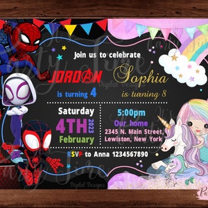 Invito sirena e Spiderman, invito a unicorno e supereroe, festa doppia per bambini, invito a fratello e sorella. ARCHIVIO DIGITALE.