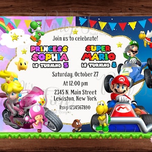Mario und Peach Geburtstagseinladung - Mario Bros und Peach Einladung - Doppelte Kinderparty - Bruder Schwester Einladung. DIGITALE DATEI