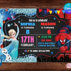 Peut inclure: Une invitation d'anniversaire pour un garçon et une fille qui fêtent leurs 6 et 8 ans. L'invitation présente un fond de tableau noir avec un thème Frozen bleu et blanc à gauche et un thème Spiderman rouge et bleu à droite. Le texte indique "Rejoignez-nous pour célébrer ! Sophia a 8 ans, le 17 février. Mason a 6 ans, 12 h 00, Chez nous, 2345 N. Main Street, Lewiston, New York. Veuillez confirmer votre présence à Anna au 1234567890."