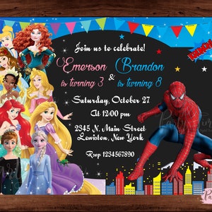 Invitation super-héros et princesse - Invitation princesses et Spiderman - Fête d'enfants double - Invitation frère soeur. FICHIER NUMÉRIQUE.
