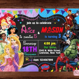 Superhero and Princess Invitation - Princesses and Superhero invitation - Double kids party - Brother Sister invitation. DIGITAL FILE.