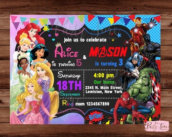 Superhero and Princess Invitation - Princesses and Superhero invitation - Double kids party - Brother Sister invitation. DIGITAL FILE.