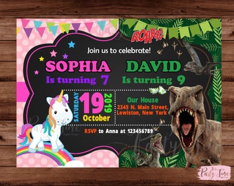 Dinosaur and Unicorn Invitation - Unicorn and Dinosaur Invitation - Unicorn and Jurassic World Invitation - DIGITAL FILE.