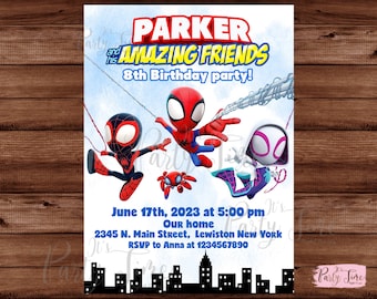 May include: A birthday party invitation featuring Spider-Man characters. The invitation is blue and white with a cityscape background. The text reads "Parker and his Amazing Friends 8th Birthday Party!"  June 17th, 2023 at 5:00 pm. Our home. 2345 N. Main Street, Lewiston New York. RSVP to Anna at 1234567890.