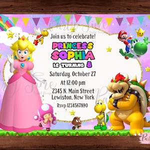 Invitación de princesa Peach - invitación fiesta de cumpleaños de princesa Mario - invitación de Peach y Mario Bros - archivo DIGITAL