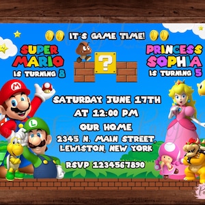 Mario und Peach Geburtstagseinladung - Mario Bros und Peach Geburtstagseinladung - Doppelte Kinderparty - Bruder Schwester Einladung. DIGITALE DATEI