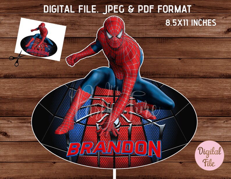 May include: A digital file featuring a Spider-Man graphic. The superhero is depicted in a dynamic pose, with red and blue costume details. The design includes the name "BRANDON" in blue, set against a red and blue background. The file is 8.5x11 inches.