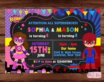 Spiderman and Spidergirl Birthday Invitation - Superhero Sibling Invitation - Twins Invitation - Superhero Birthday Invitation. DIGITAL FILE