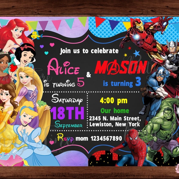 Superhero and Princess Invitation - Princesses and Marvel invitation - Double kids party - Brother Sister invitation. DIGITAL FILE.