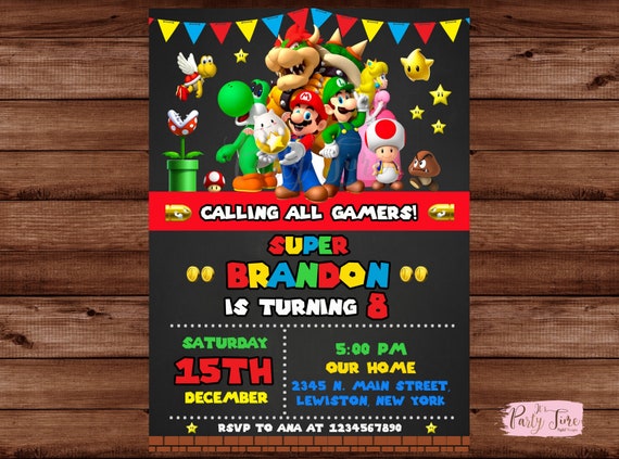 Invitation Mario Bros party birthday invitación fiesta cumpleaños Template