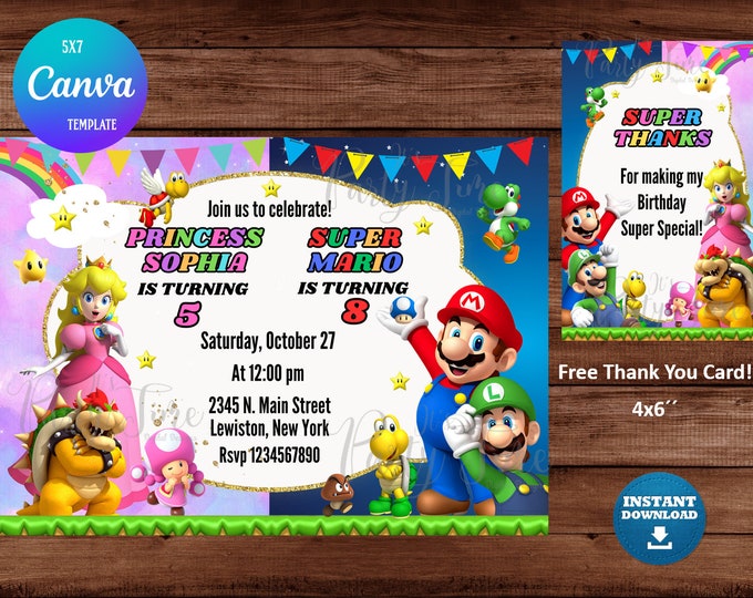 Mario and Peach Birthday Invitation Mario Bros and Peach - Etsy