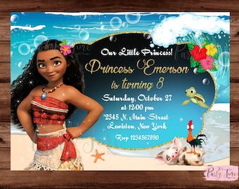 May include: A Moana-themed birthday invitation with a cartoon image of Moana, a turtle, a pig, and a rooster. The invitation is for a girl named Princess Emerson who is turning 8. The invitation includes the date, time, and location of the party.