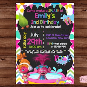 Trolls Pool Party birthday invitation - Trolls Pool Party invitation - Pool Party Invitation - Trolls Invitation. DIGITAL FILE