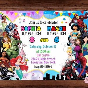 Superhelden und Prinzessinnen Einladung - Prinzessinnen und Superhelden Einladung - Doppel Kinder Party - Bruder Schwester Einladung. DIGITALE DATEI.
