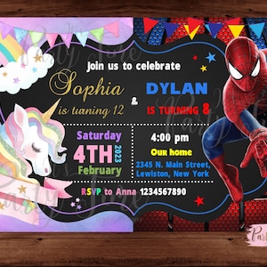 Unicorn and Superhero Invitation - Unicorn and Spiderman - Twins Birthday Invitation - Double kids party - DIGITAL FILE