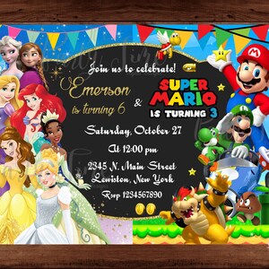 Prinzessinnen und Mario Bros Einladung - Mario Bros und Prinzessinnen Einladung - Doppelte Kinderparty - Bruder Schwester Einladung. DIGITALE DATEI.