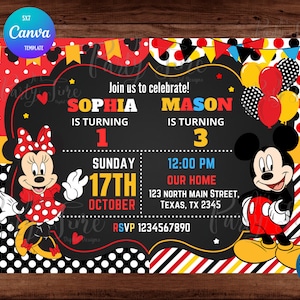 Minnie and Mickey Mouse Invitation - Minnie & Mickey Invitation - Double kids party - Digital file. Editable Canva. INSTANT DOWNLOAD
