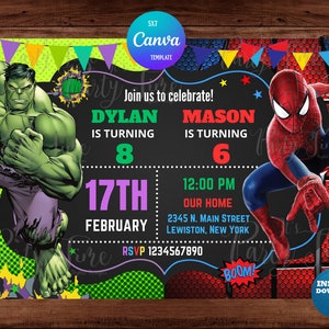 Invitación de Hulk y Spiderman - Invitación de superhéroe - Fiesta infantil doble - Archivo digital. Canva editable. DESCARGA INSTANTÁNEA.