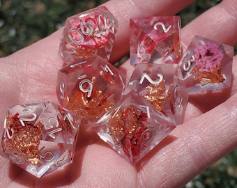 Gilded Flora: 7-Piece Handmade Sharp Edge Polyhedral Dice Set